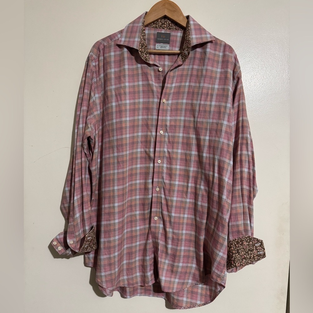 Thomas Dean Multicolor Plaid Button-Down Shirt 100% Pima Cotton accent cuffs XL